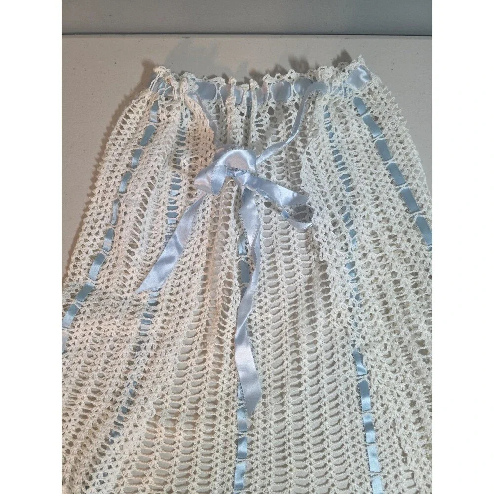 Vintage Handmade White Crochet Lace Apron with Blue Ribbon Ties